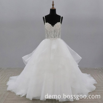 Real 100% actual full beaded puffy plus size floor length white ivory cheap pearl mesh wedding dress white